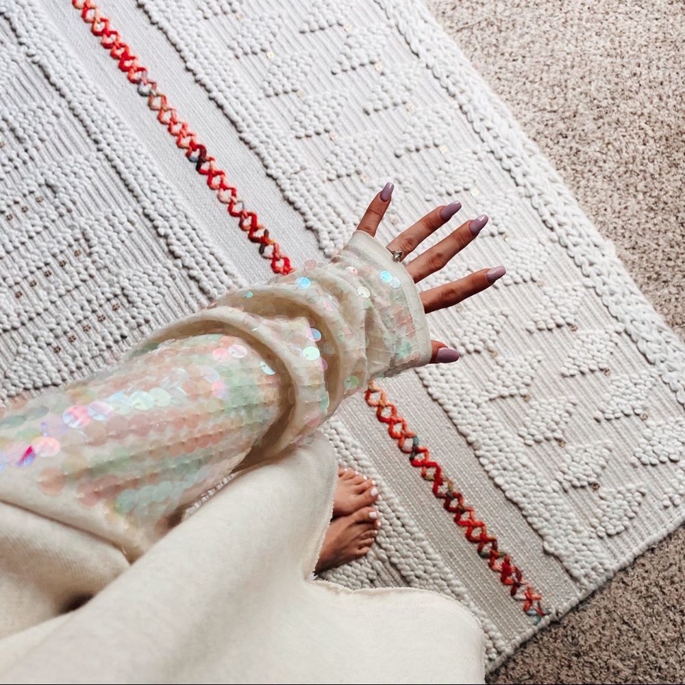 Free People Ivory Sequin Sleeve Slouchy Sweatshirt - Picture 2 of 11